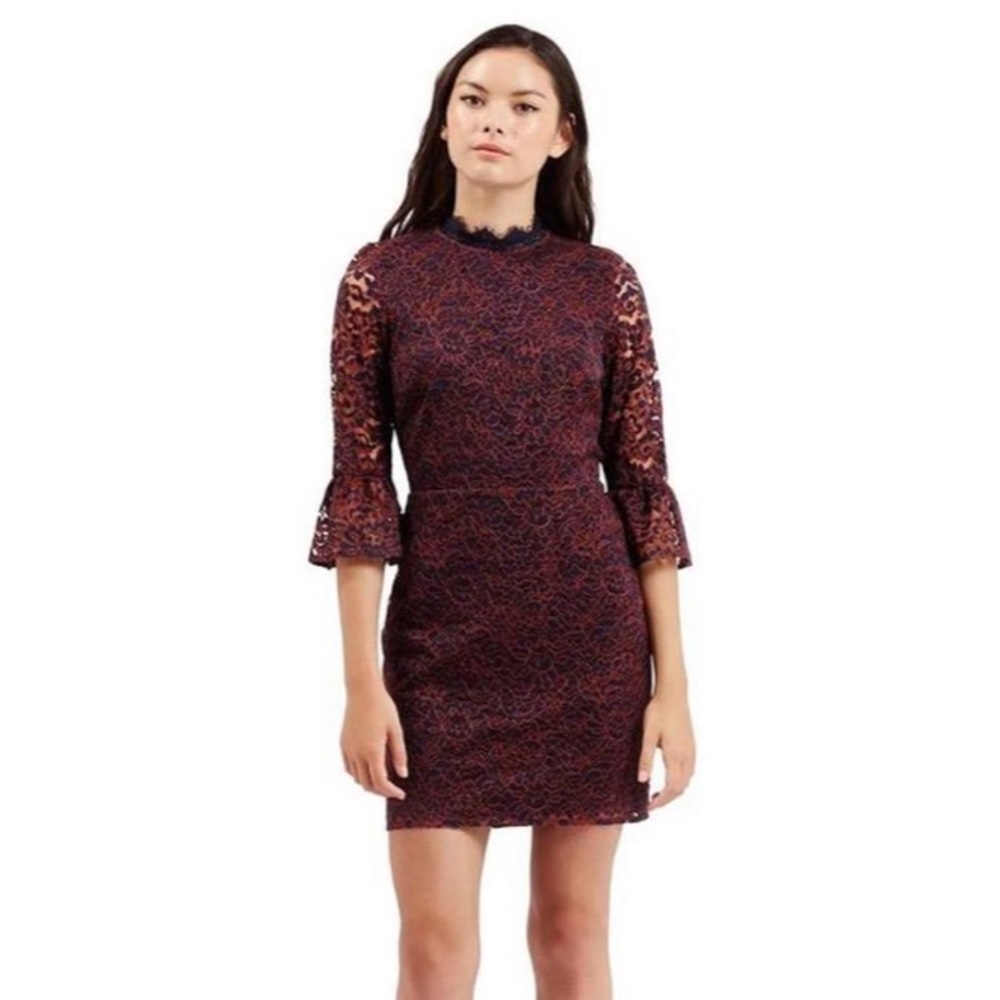 TOPSHOP Navy/Orange Bell Sleeve Floral Lace